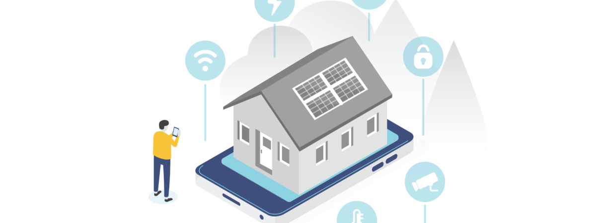 Graphic with a home on a mobile device to represent how smart homes can add protection