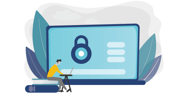 Graphic of a man on a computer with security in mind to avoid privacy breaches