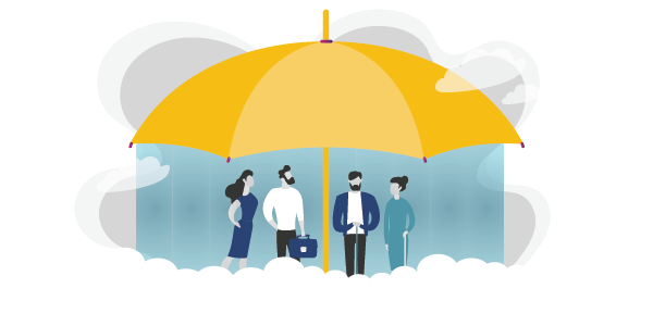 Graphic of an umbrella protecting people from the storm to represent how disability insurance from PROLINK keeps your safe
