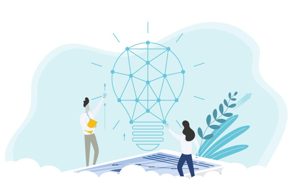 Graphic of people building a lightbulb to represent the founding of PROLINK