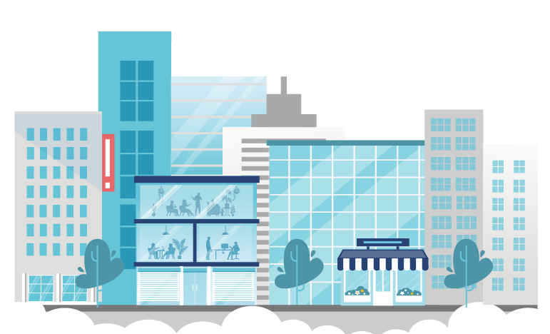 Graphic of enterprises and businesses in a city protected by PROLINK insurance solutions