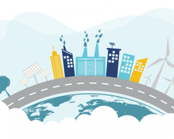 Graphic representing a cityscape with net zero buildings