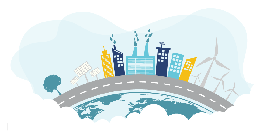 Graphic representing a cityscape with net zero buildings