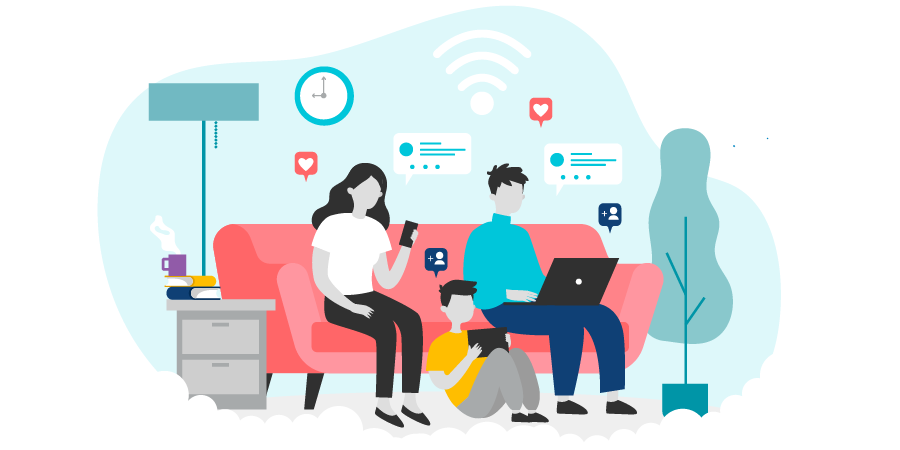 Graphic depicting a family using personal devices.