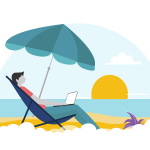 A guy working in his laptop on a beach