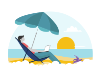 A guy working in his laptop on a beach